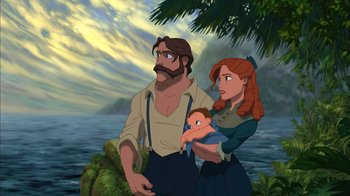Movie still from “Tarzan” (1999), directed by Kevin Lima – A man , woman , and baby standing next to a body of water; Medium shot, Low angle