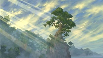 Movie still from “Tarzan” (1999), directed by Kevin Lima – A painting of a tree on top of a cliff; Extreme Wide shot, Low angle