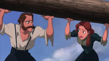 Movie still from “Tarzan” (1999), directed by Kevin Lima – A man and a woman hanging from a wooden beam; Medium shot, Low angle