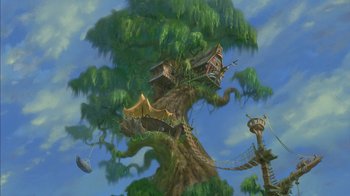 Movie still from “Tarzan” (1999), directed by Kevin Lima – An artistic painting of a tree house with a bridge; Extreme Wide shot, Low angle