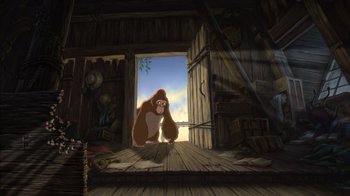 Movie still from “Tarzan” (1999), directed by Kevin Lima – An orangutan sitting in front of an open door; Wide shot, Low angle