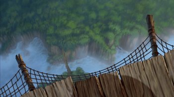 Movie still from “Tarzan” (1999), directed by Kevin Lima – An aerial view of a river and a bridge; Extreme Wide shot, High angle