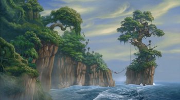 Movie still from “Tarzan” (1999), directed by Kevin Lima – A painting of an island in the middle of the ocean; Extreme Wide shot, Low angle