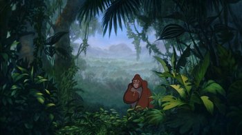 Movie still from “Tarzan” (1999), directed by Kevin Lima – An orangutan in the middle of the jungle; Wide shot, High angle