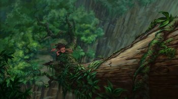 Movie still from “Tarzan” (1999), directed by Kevin Lima – A painting of a man sitting on a tree branch; Extreme Wide shot, Overhead angle