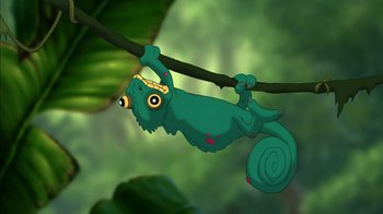 Movie still from “Tarzan” (1999), directed by Kevin Lima – A green lizard hanging on to a tree branch; Extreme Close Up shot, Overhead angle