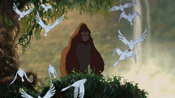 Movie still from “Tarzan” (1999), directed by Kevin Lima – An animated gorilla surrounded by birds in a forest; Wide shot, Low angle
