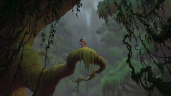 Movie still from “Tarzan” (1999), directed by Kevin Lima – A painting of a monkey sitting on top of a tree branch; Extreme Wide shot, Low angle