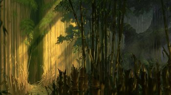 Movie still from “Tarzan” (1999), directed by Kevin Lima – A painting of a forest with a lot of trees; Extreme Wide shot, Low angle