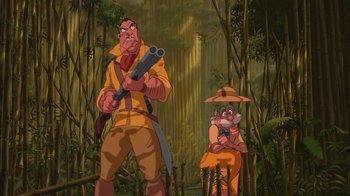 Movie still from “Tarzan” (1999), directed by Kevin Lima – An old man holding a knife and a sword in his hand; Medium shot, Low angle