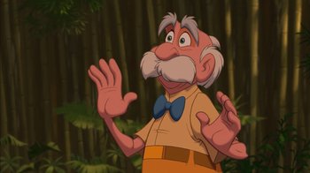 Movie still from “Tarzan” (1999), directed by Kevin Lima – An old man with a bow tie is standing in front of some trees; Close Up shot, Low angle