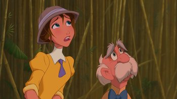 Movie still from “Tarzan” (1999), directed by Kevin Lima – An old man and a young woman in front of a bamboo forest; Medium shot, Low angle