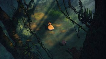 Movie still from “Tarzan” (1999), directed by Kevin Lima – An image of an animated scene of a girl in a yellow dress; Extreme Wide shot, High angle