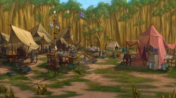 Movie still from “Tarzan” (1999), directed by Kevin Lima – An artist's rendering of an outdoor setting with tents; Extreme Wide shot, High angle