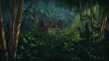 Movie still from “Tarzan” (1999), directed by Kevin Lima – A painting of a forest with three monkeys; Extreme Wide shot, High angle
