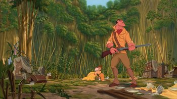 Movie still from “Tarzan” (1999), directed by Kevin Lima – An animated scene of a man holding a rifle and another man laying on the ground in front of a forest; Wide shot, Low angle