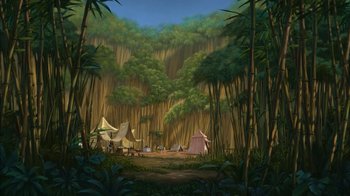Movie still from “Tarzan” (1999), directed by Kevin Lima – An artistic painting of a jungle with tents and trees; Extreme Wide shot, Low angle