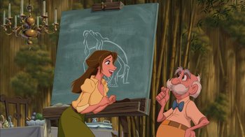Movie still from “Tarzan” (1999), directed by Kevin Lima – An animated picture of a woman and an old man; Medium shot, Over the shoulder angle