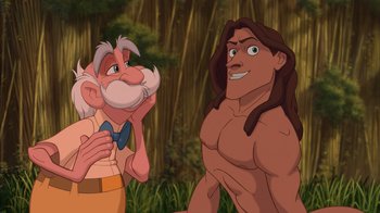 Movie still from “Tarzan” (1999), directed by Kevin Lima – A man with a beard and a mustache is standing next to a man with a beard and a mustache; Medium shot, Over the shoulder angle