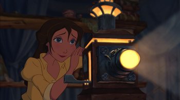 Movie still from “Tarzan” (1999), directed by Kevin Lima – A woman standing in front of an electric lamp; Medium shot, Low angle