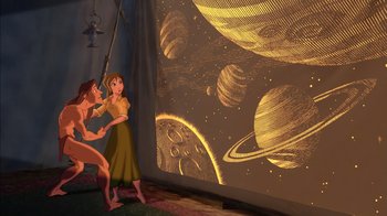 Movie still from “Tarzan” (1999), directed by Kevin Lima – A couple of people standing in front of a projector screen; Wide shot, Low angle