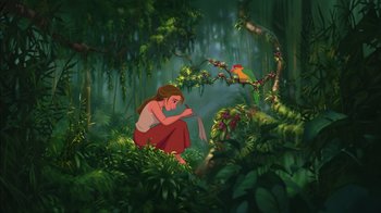 Movie still from “Tarzan” (1999), directed by Kevin Lima – A woman sitting in the woods with a bird; Wide shot, Low angle