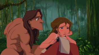Movie still from “Tarzan” (1999), directed by Kevin Lima – A woman sitting next to a man in the woods; Medium shot, Low angle