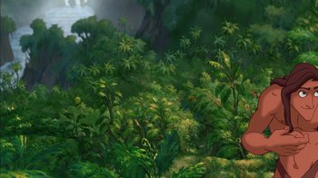 Movie still from “Tarzan” (1999), directed by Kevin Lima – A painting of a forest with a person standing in it; Extreme Wide shot, Low angle
