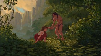 Movie still from “Tarzan” (1999), directed by Kevin Lima – A painting of a woman and a man holding hands; Wide shot, Low angle