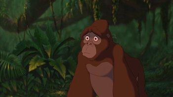 Movie still from “Tarzan” (1999), directed by Kevin Lima – An animated gorilla is standing in the jungle; Close Up shot, Low angle