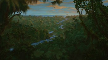 Movie still from “Tarzan” (1999), directed by Kevin Lima – An oil painting of a river running through a lush green forest; Extreme Wide shot, Overhead angle