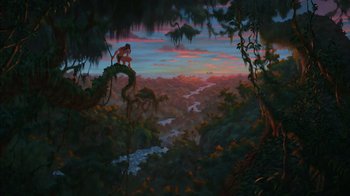 Movie still from “Tarzan” (1999), directed by Kevin Lima – An oil painting of a man sitting on top of a tree; Extreme Wide shot, Low angle