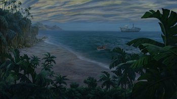 Movie still from “Tarzan” (1999), directed by Kevin Lima – A painting of a boat in the ocean at dusk; Extreme Wide shot, High angle