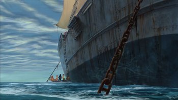 Movie still from “Tarzan” (1999), directed by Kevin Lima – A painting of a boat in the water with a person on it; Extreme Wide shot, Low angle