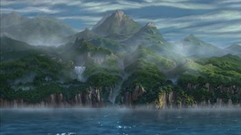 Movie still from “Tarzan” (1999), directed by Kevin Lima – An oil painting of a mountain and a lake; Extreme Wide shot, High angle