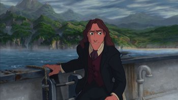 Movie still from “Tarzan” (1999), directed by Kevin Lima – A man in a suit and tie sitting in front of a body of water; Medium shot, Over the shoulder angle