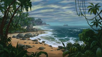 Movie still from “Tarzan” (1999), directed by Kevin Lima – A painting of the ocean with a ship in the background; Extreme Wide shot, High angle