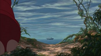 Movie still from “Tarzan” (1999), directed by Kevin Lima – A painting of a ship in the ocean; Extreme Wide shot, High angle