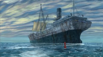 Movie still from “Tarzan” (1999), directed by Kevin Lima – A painting of a ship in the water; Extreme Wide shot, Low angle