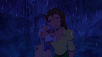 Movie still from “Tarzan” (1999), directed by Kevin Lima – An animated picture of an old man and a young woman; Close Up shot, Low angle