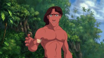 Movie still from “Tarzan” (1999), directed by Kevin Lima – A man with no shirt is holding something in his hand; Medium shot, Low angle