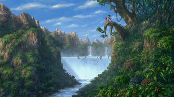 Movie still from “Tarzan” (1999), directed by Kevin Lima – A painting of two people sitting on top of a tree near a waterfall; Extreme Wide shot, Low angle