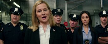 Movie still from “Teenage Mutant Ninja Turtles: Out of the Shadows” (2016), directed by Dave Green – A group of people standing next to each other; Close Up shot, Over the shoulder angle