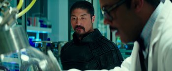 Movie still from “Teenage Mutant Ninja Turtles: Out of the Shadows” (2016), directed by Dave Green – A person wearing a costume; Close Up shot, Over the shoulder angle