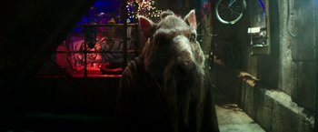 Movie still from “Teenage Mutant Ninja Turtles: Out of the Shadows” (2016), directed by Dave Green – A stuffed animal bear with long hair and a beard; Close Up shot, Over the shoulder angle