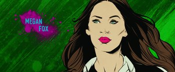 Movie still from “Teenage Mutant Ninja Turtles: Out of the Shadows” (2016), directed by Dave Green – A woman with a green background; Close Up shot, Low angle