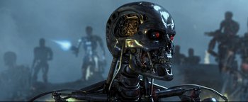 Movie still from “Terminator 3: Rise of the Machines” (2003), directed by Jonathan Mostow – The head of a robot; Close Up shot, Low angle