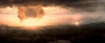 Movie still from “Terminator 3: Rise of the Machines” (2003), directed by Jonathan Mostow – The sun is setting in the dark sky over a field; Extreme Wide shot, Low angle