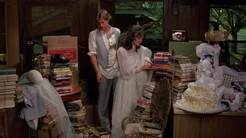 Movie still from “Terms of Endearment” (1983), directed by James L. Brooks – A man and a woman standing in front of stacks of books; Medium shot, High angle