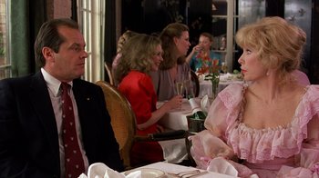 Movie still from “Terms of Endearment” (1983), directed by James L. Brooks – A group of people sitting at a table with drinks; Medium shot, Over the shoulder angle